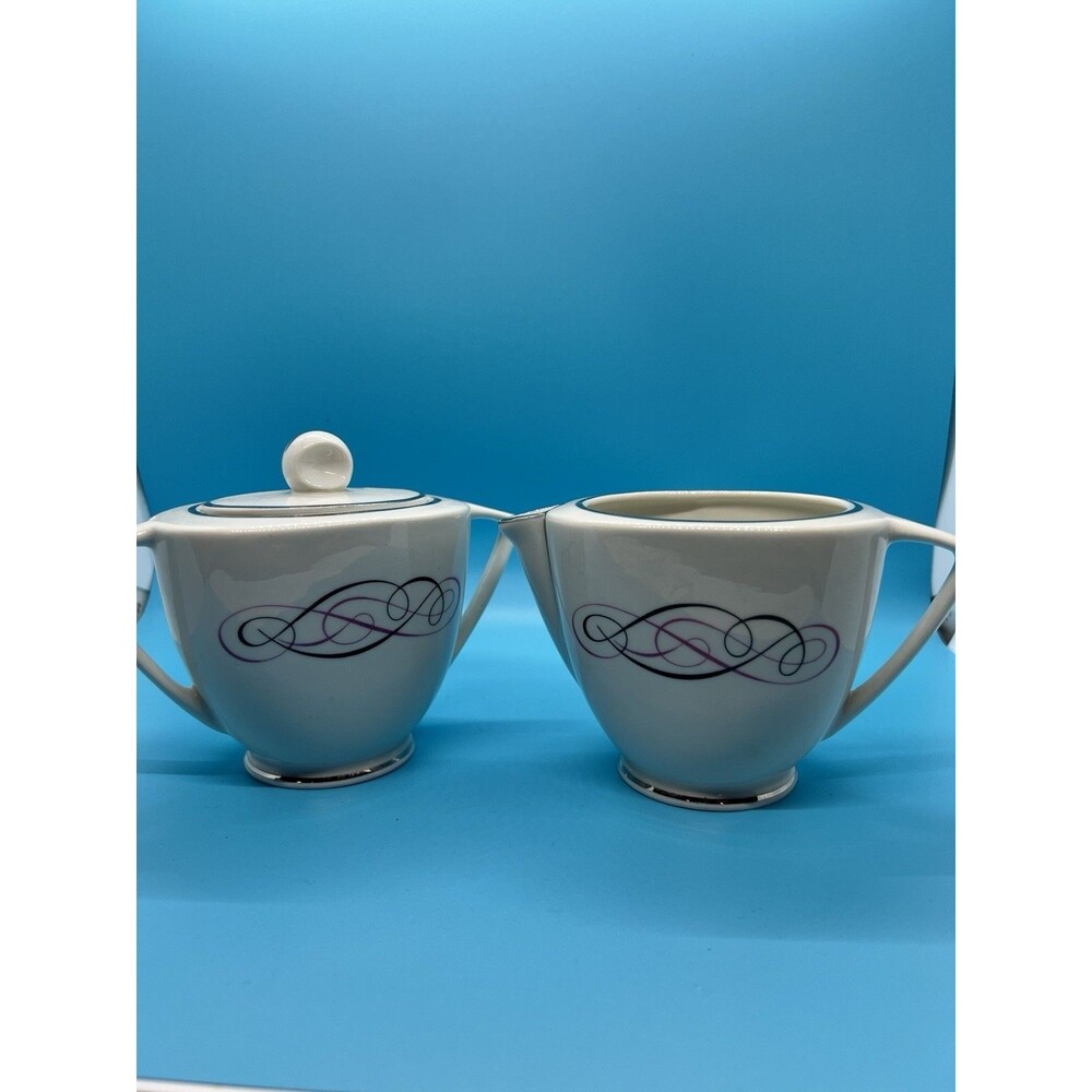 Vintage mcm Pink Silver  Cream Pitcher & Sugar Bowl Set ivory swirls modern